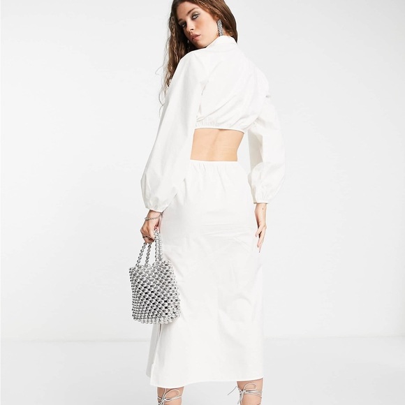 Topshop Ruched Cutout Long Sleeve Cotton Poplin Midi Shirtdress In White - Picture 4 of 10